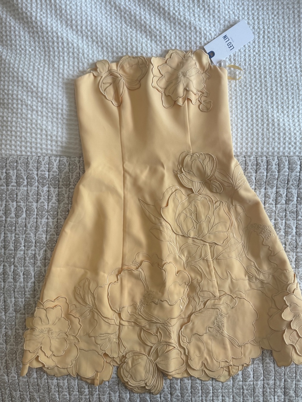 NWT Leo Lin Ayla Strapless Floral Appliqué Mini Dress in Pale Yellow - Picture 4 of 5